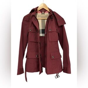 Burberry Brit Maroon/Burgundy Military Utility Jacket/ Raincoat W/ Detachable HD